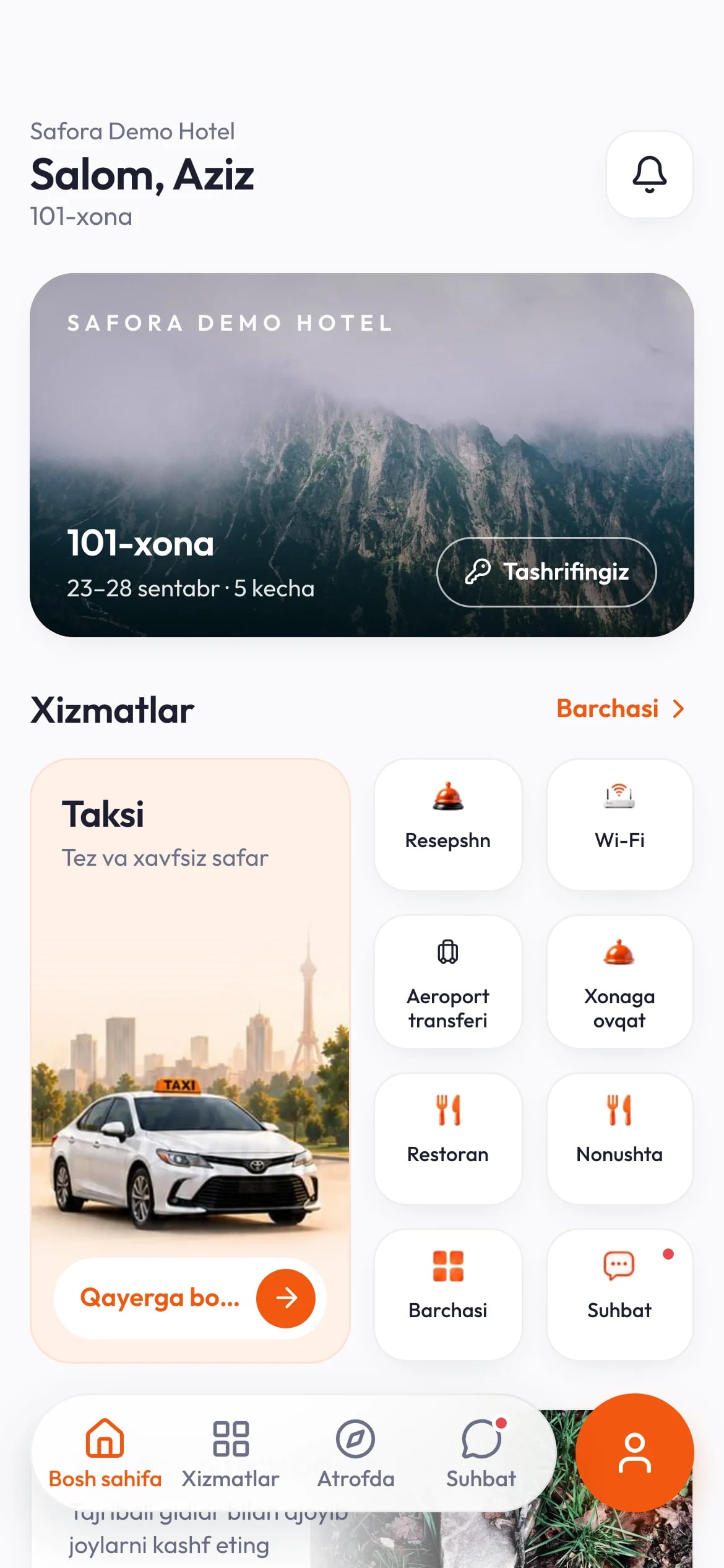 Safora mehmon ilovasi: bosh sahifa — xizmatlar, taksi va resepshn bilan chat