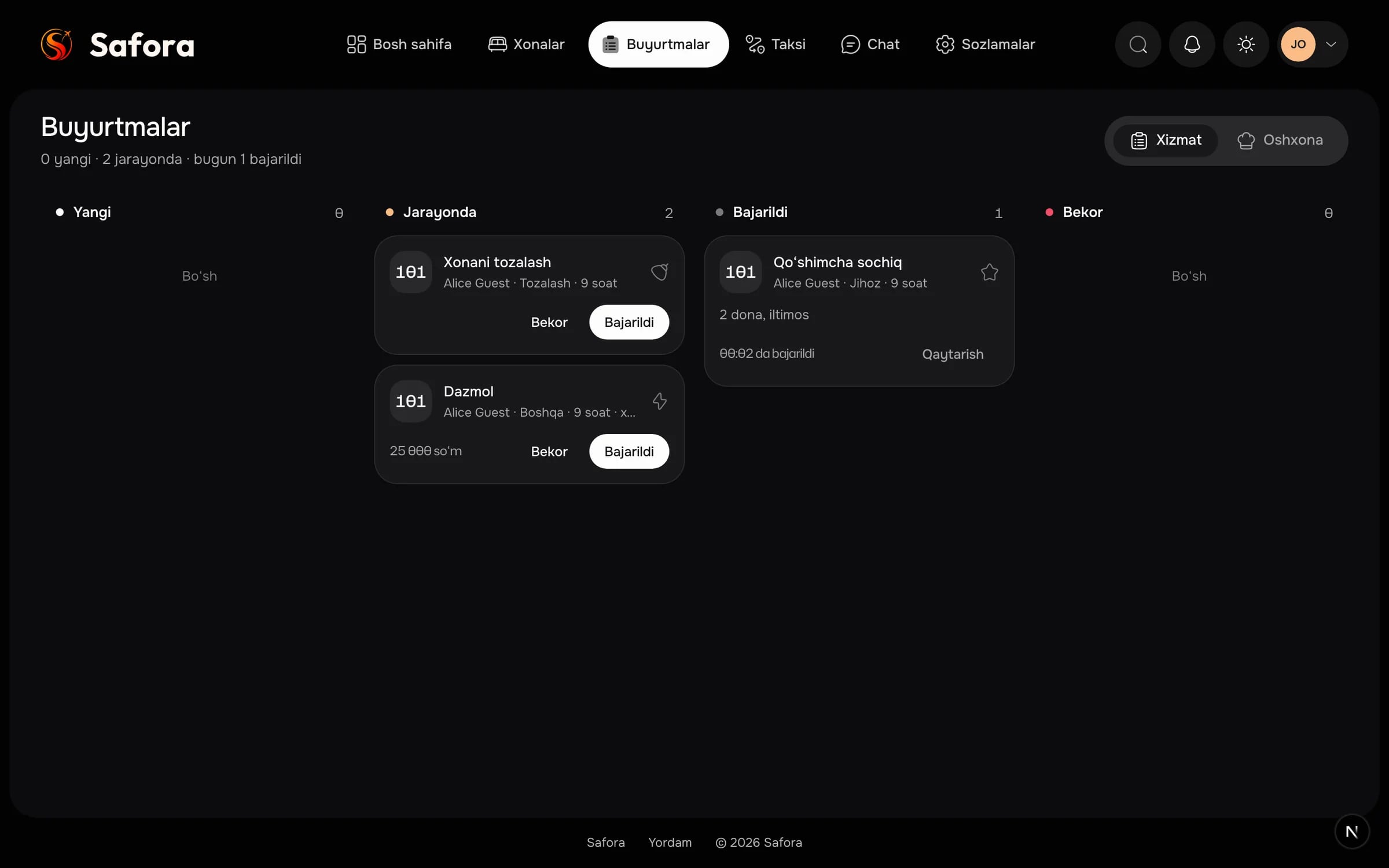 Safora QR paneli: buyurtmalar taxtasi