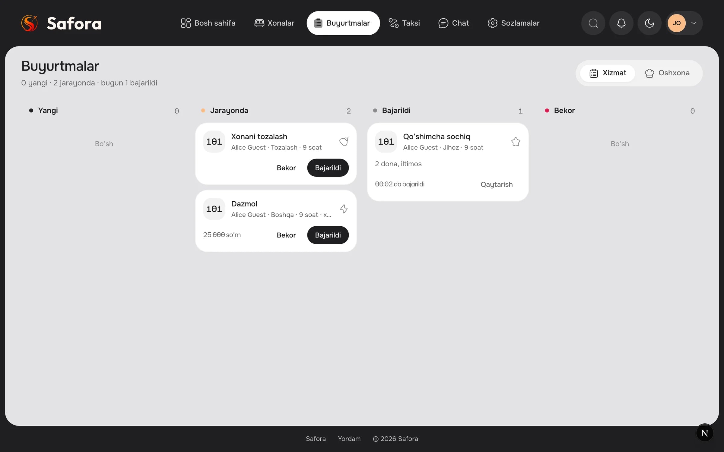 Safora QR paneli: buyurtmalar taxtasi